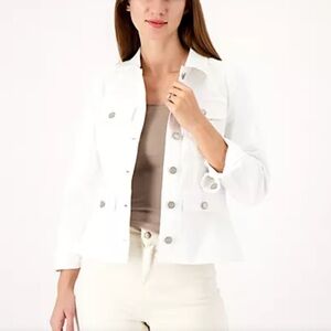 Susan Graver stretch denim peplum white denim jacket